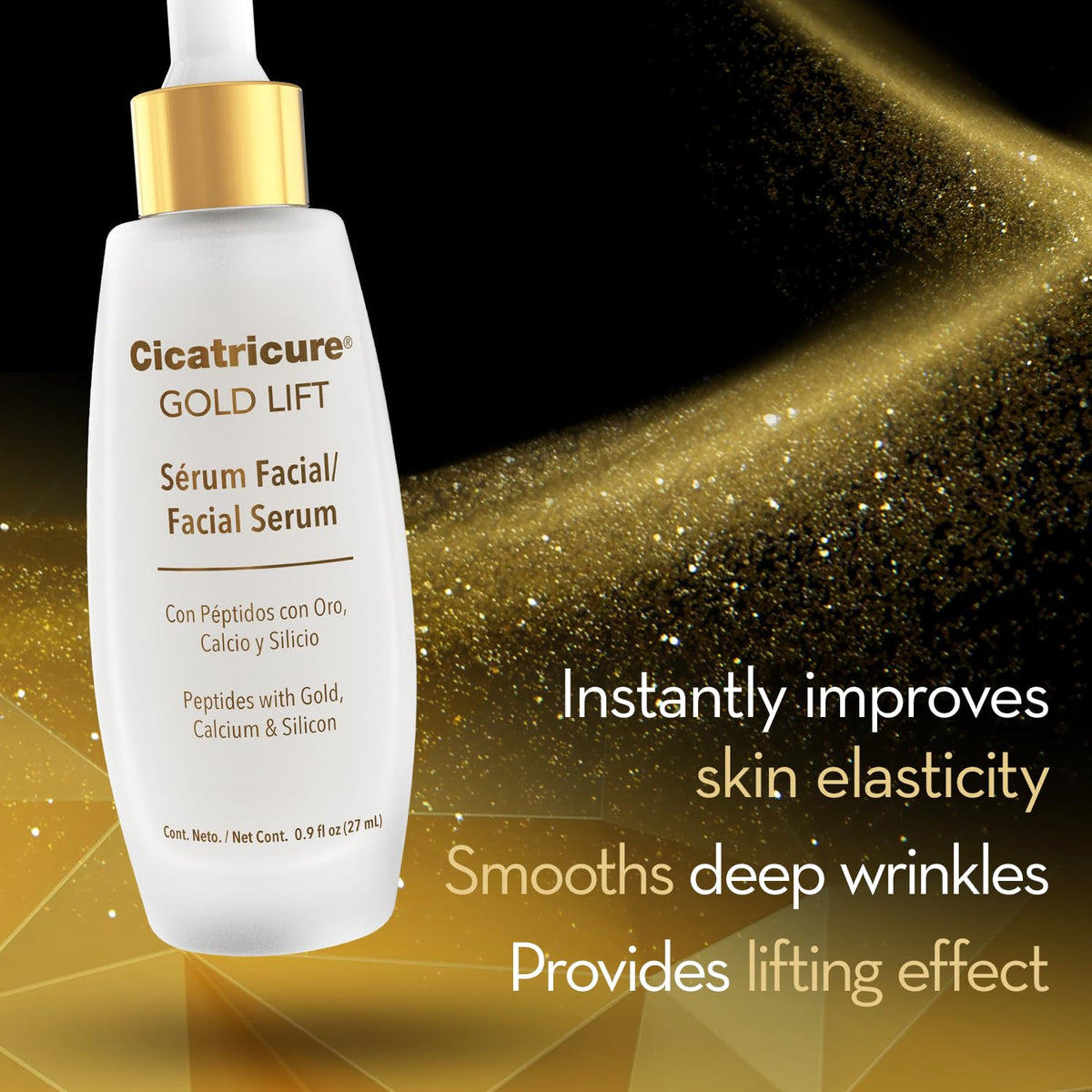 Cicatricure Gold Lift serum texture on hand, demonstrates hydrating smooth consistency