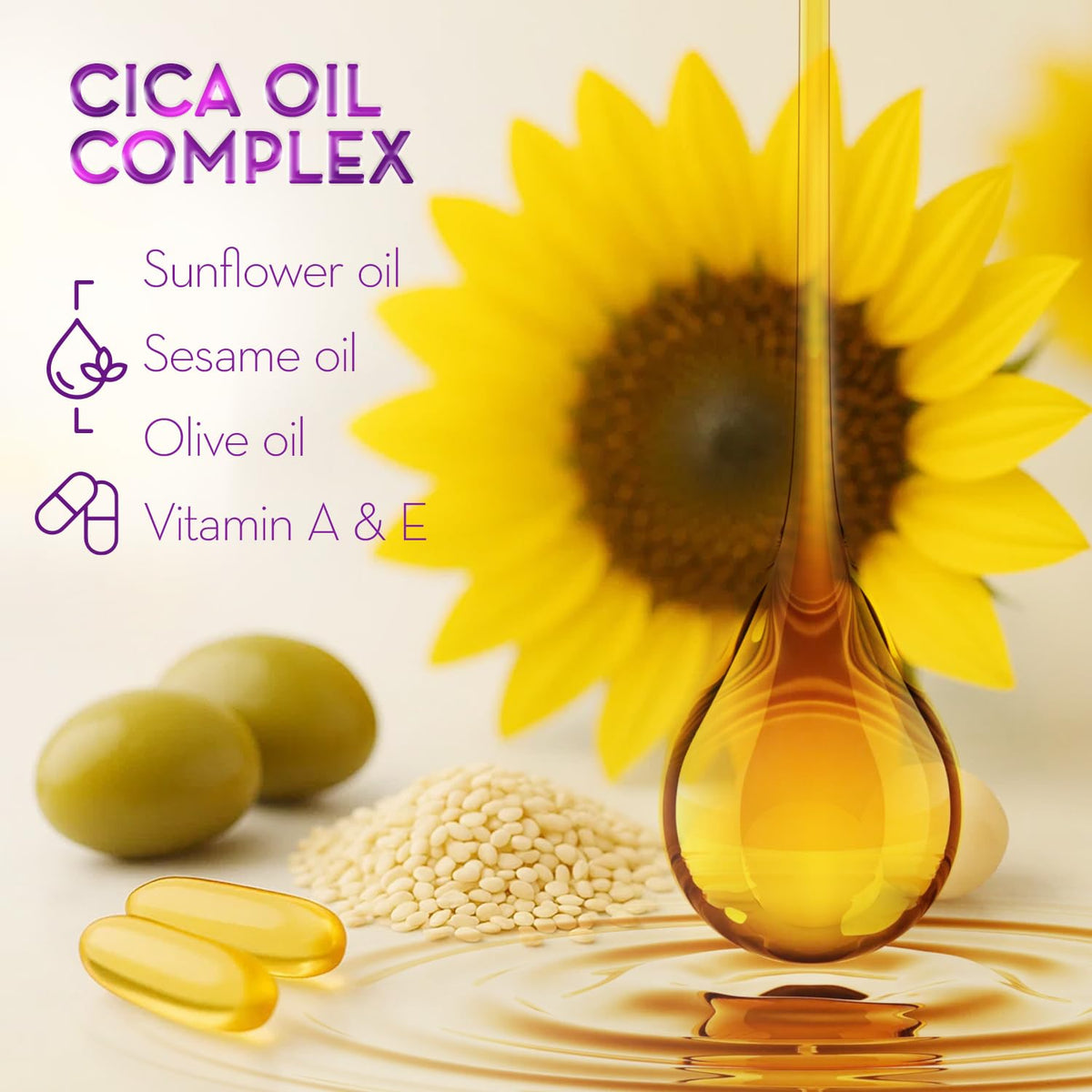 Cicatricure bottle near olives and nuts showing natural botanical oils