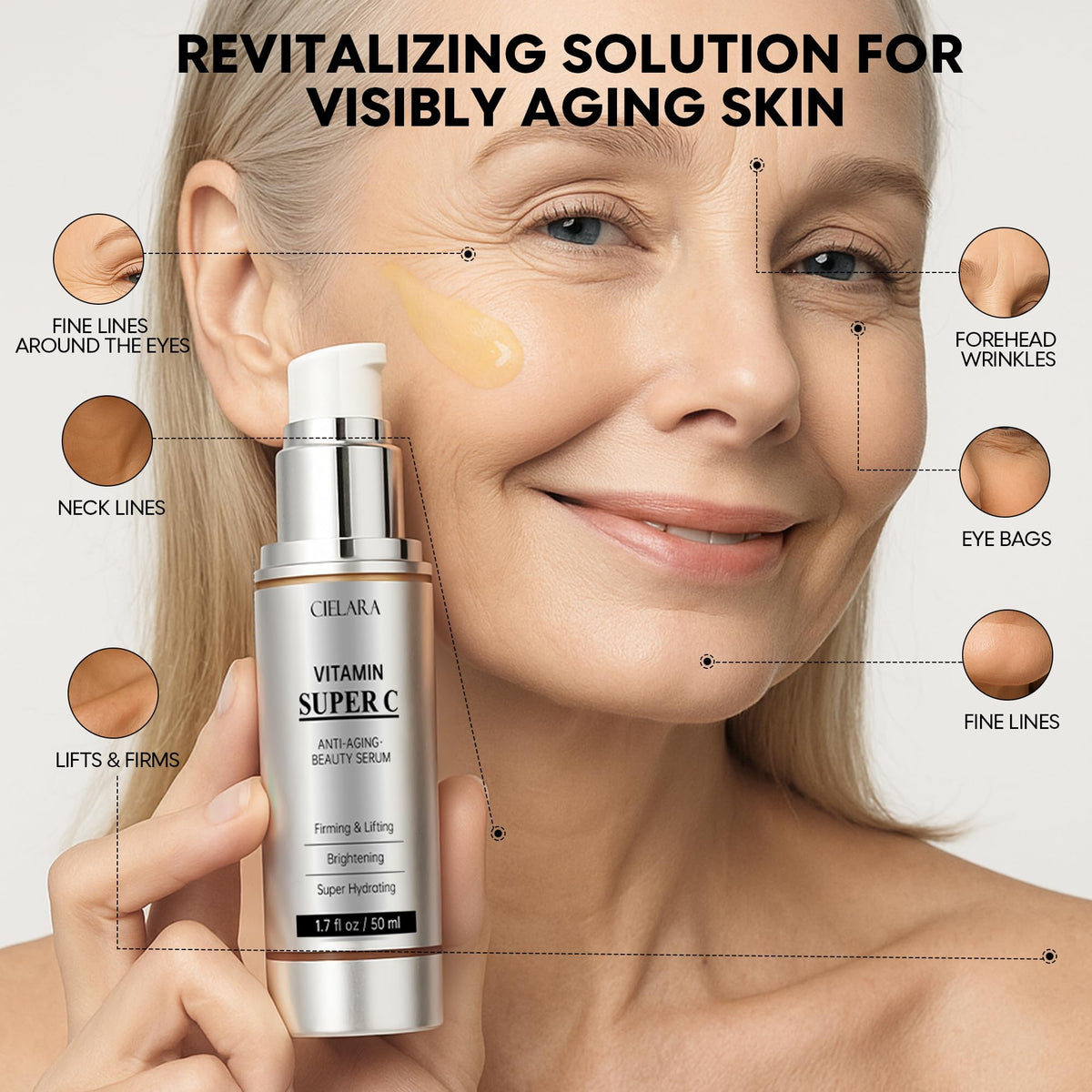 CIELARA bottle next to ruler showing 1.7 fl oz size and scale benefit