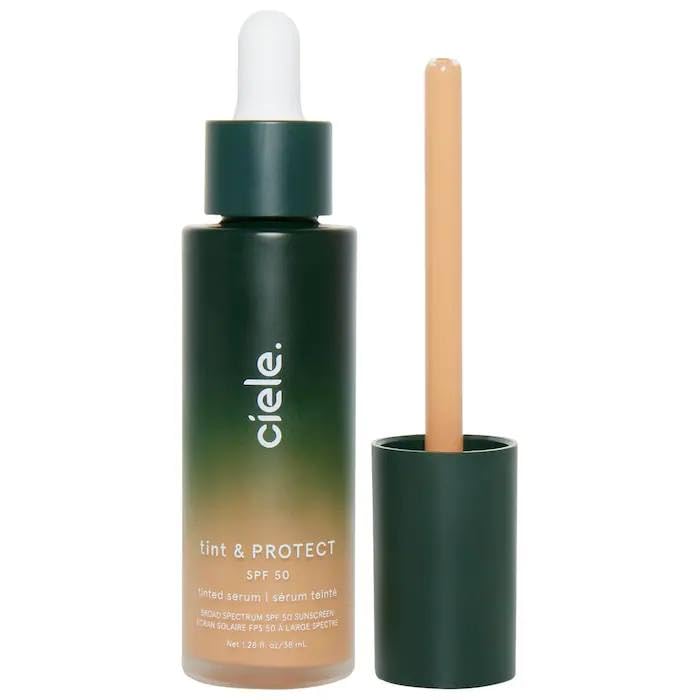 Ciele tinted serum front packaging showing SPF 50+ and medium shade benefit