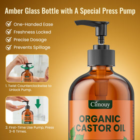 Cimouy pump dispenser detail for mess-free, accurate castor oil application
