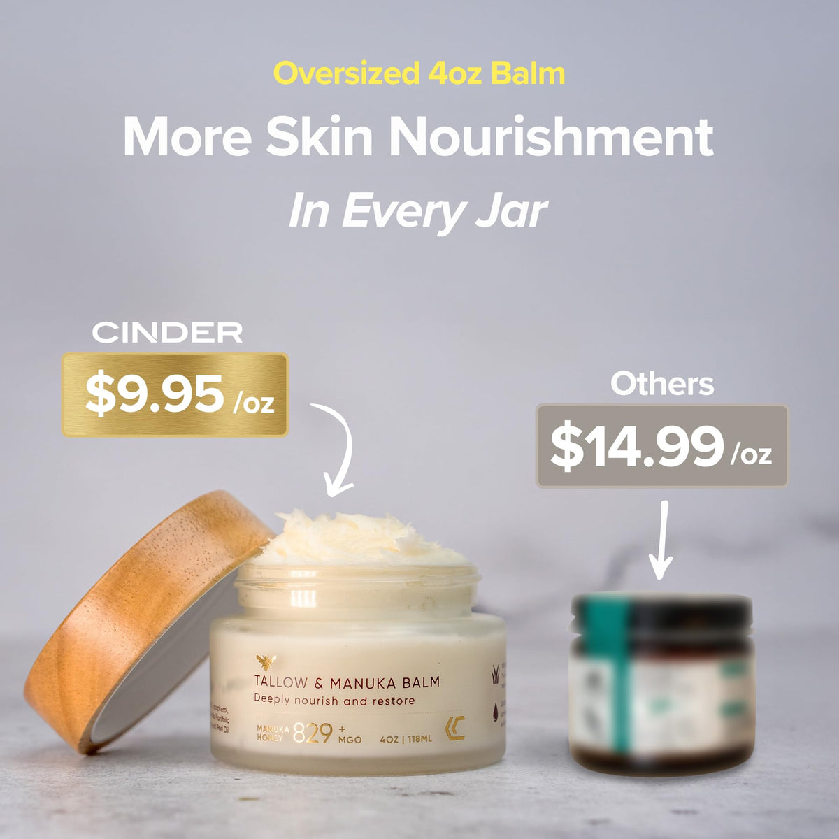 Cinder Brands ingredient label detail highlighting grass-fed tallow and vitamins benefit