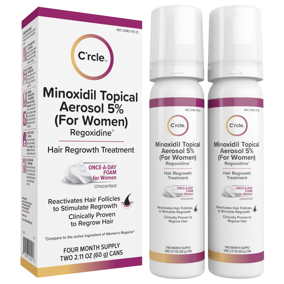 C'rcle front label showing 5% minoxidil and unscented benefit