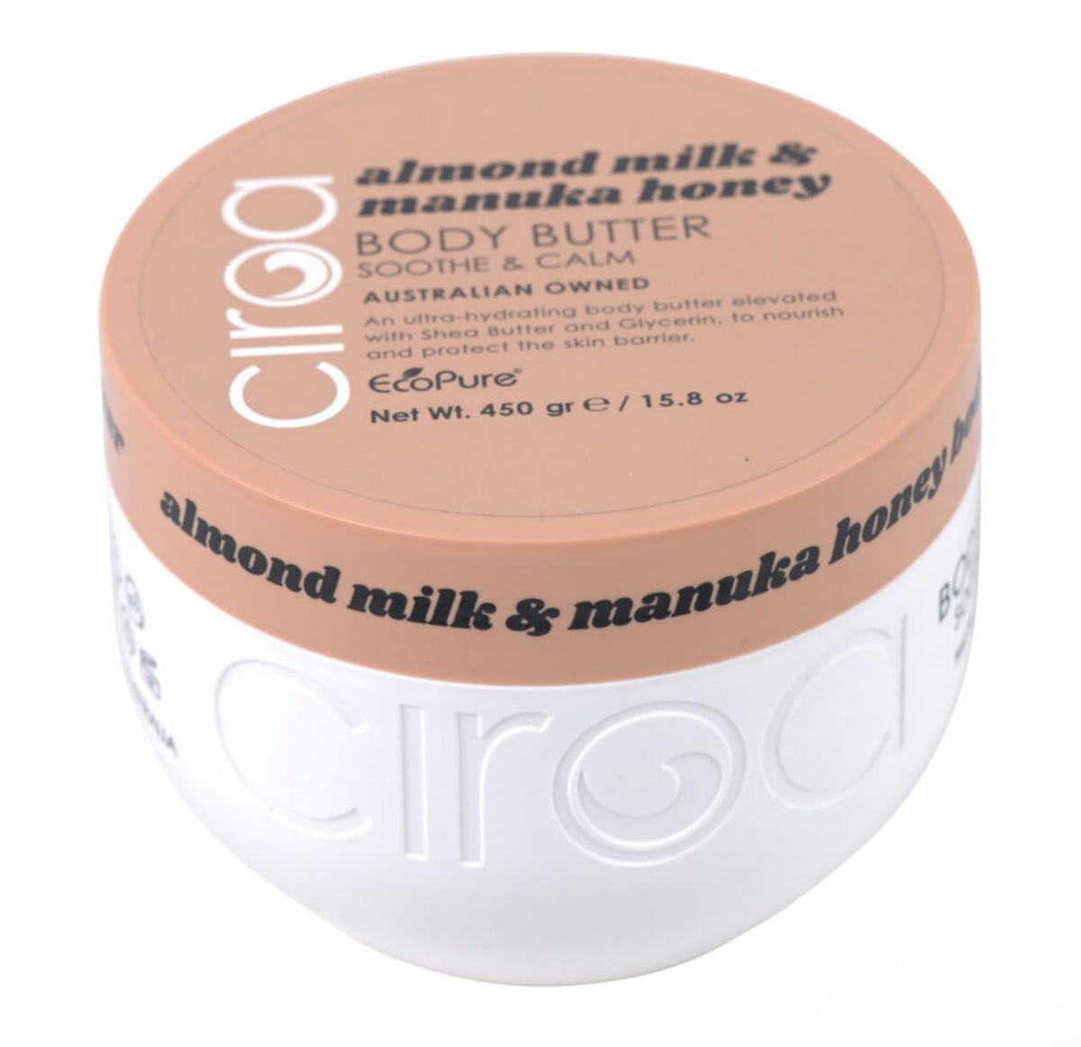 Ciroa front jar showing almond milk and manuka honey benefits