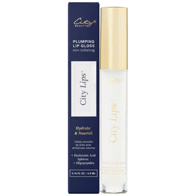 City Beauty City Lips clear front packaging showing glossy tube and label benefit