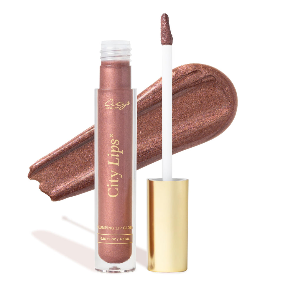 City Beauty City Lips front packaging showing plum bronze gloss and label benefit