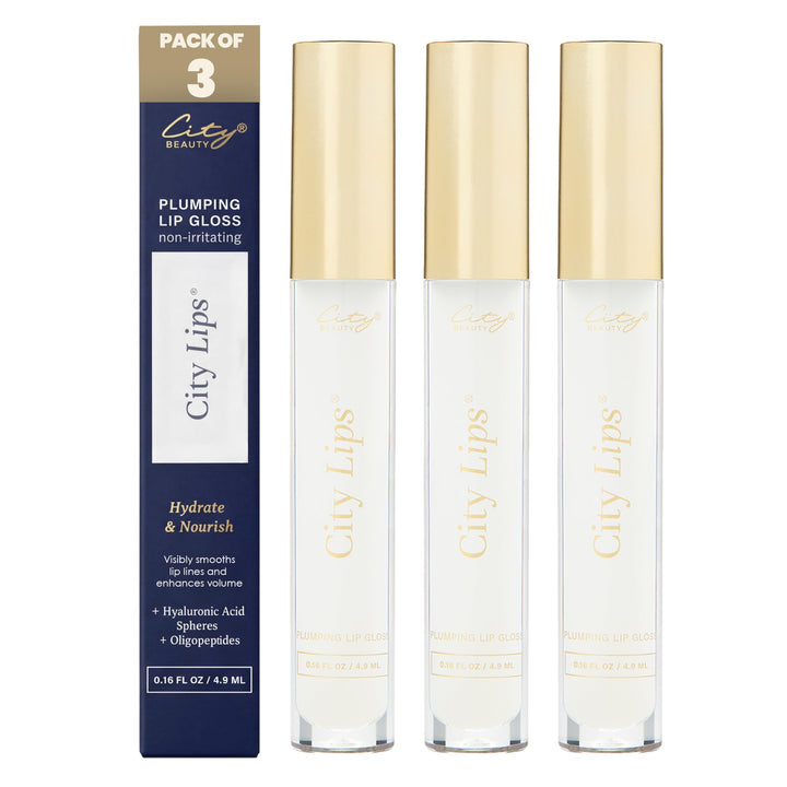 City Beauty City Lips clear front packaging shows glossy tube and branding benefit