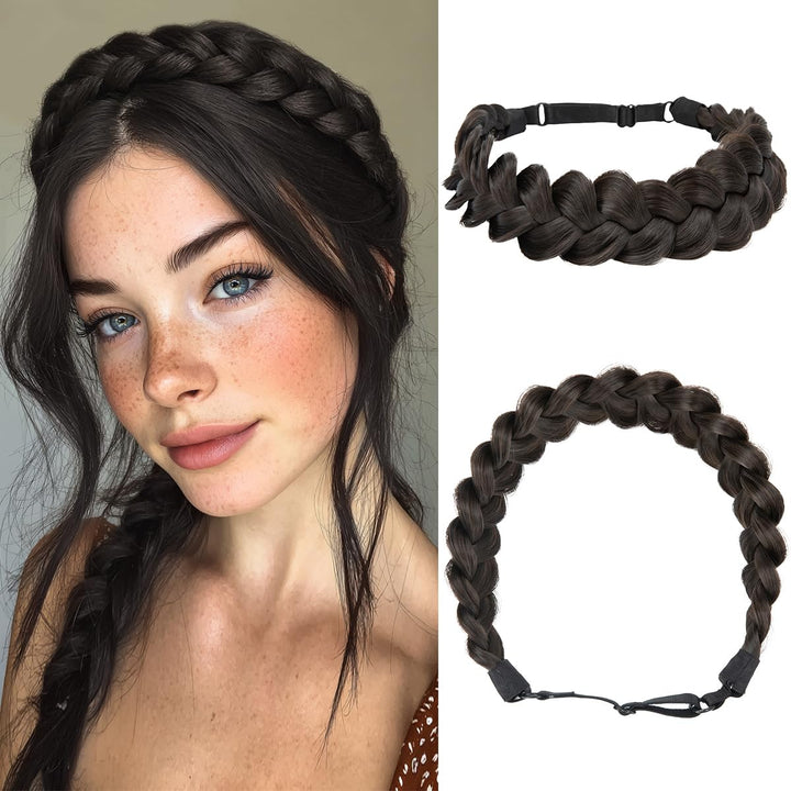 CJL HAIR front view of dark brown braided headband shows finished style and wearability