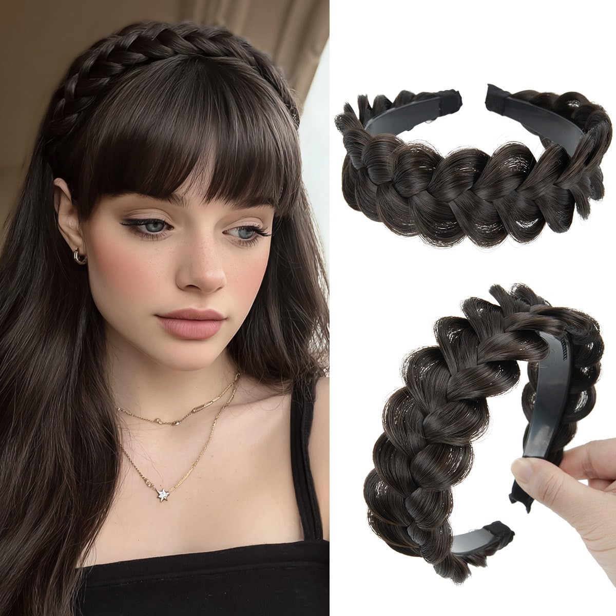 CJL HAIR front view of wide braided headband showing natural finish and style benefit