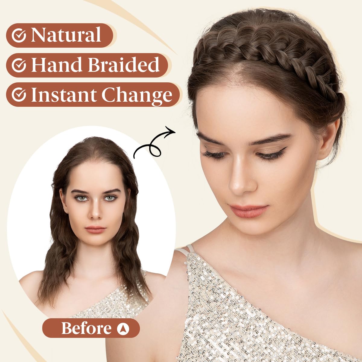 CJL HAIR headband on model shows easy styling and polished casual benefit