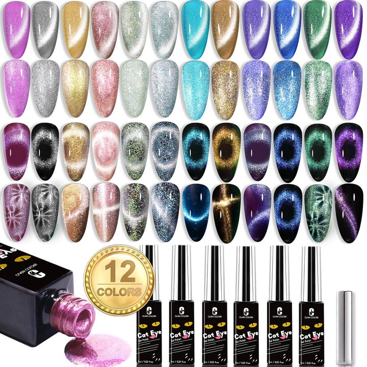 Clara Colors front packaging showing 12 holographic gel bottles and magnet for versatile designs