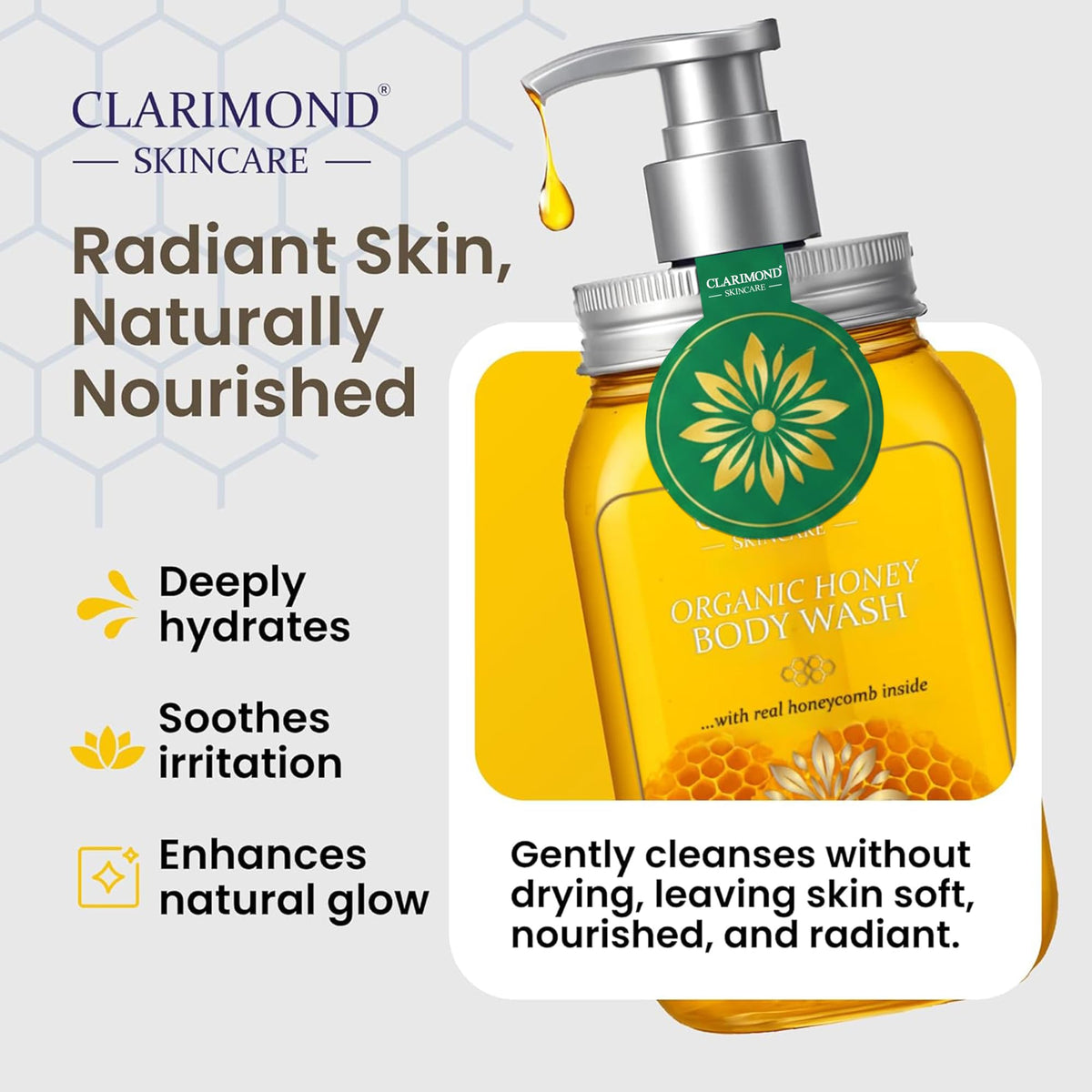 CLARIMOND ORALCARE real honeycomb detail highlighting natural honey ingredient benefits