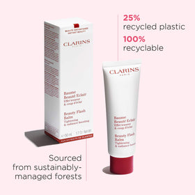 Clarins before-and-after makeup base demonstrating smoother complexion