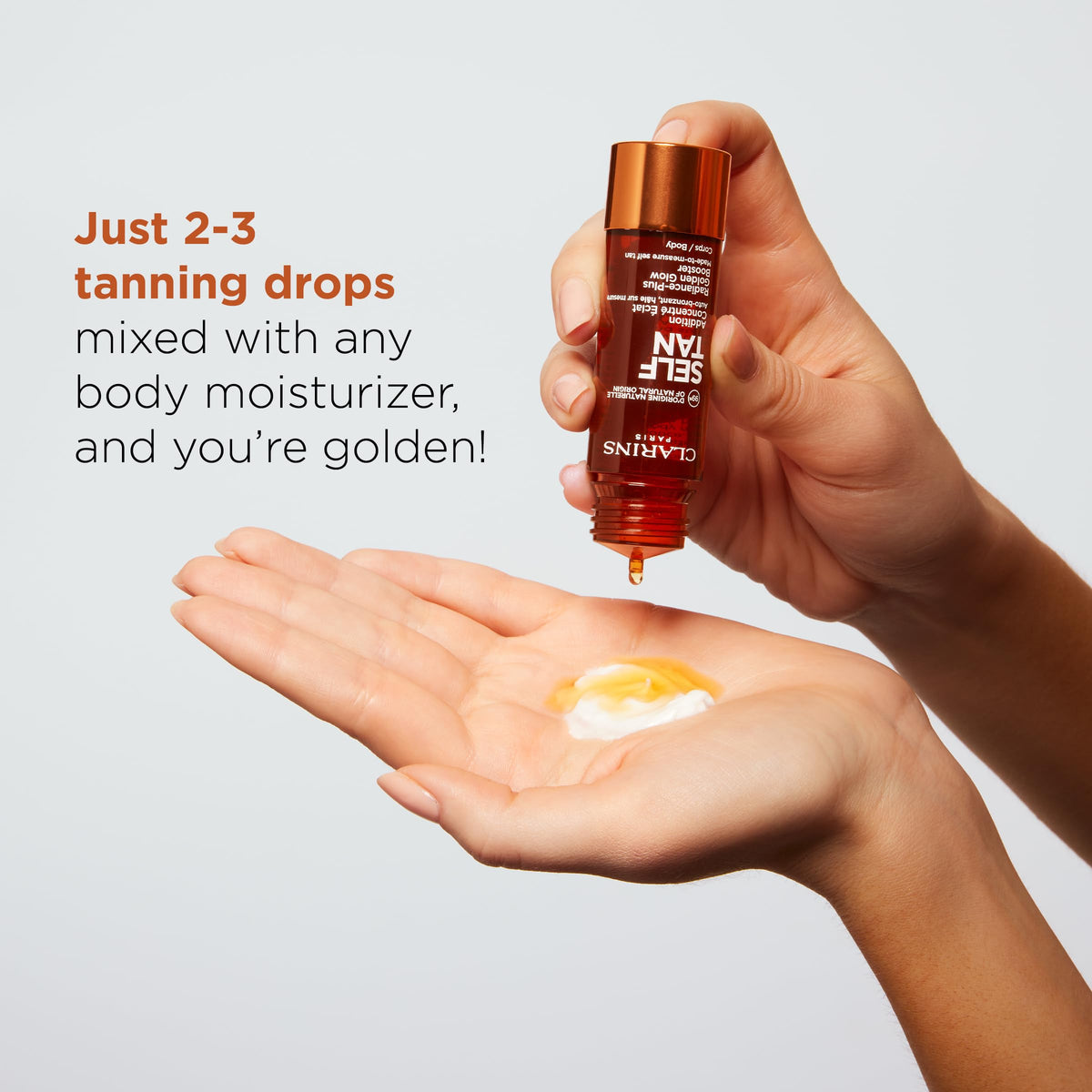 Clarins before and after on leg demonstrating natural, streak-free glow