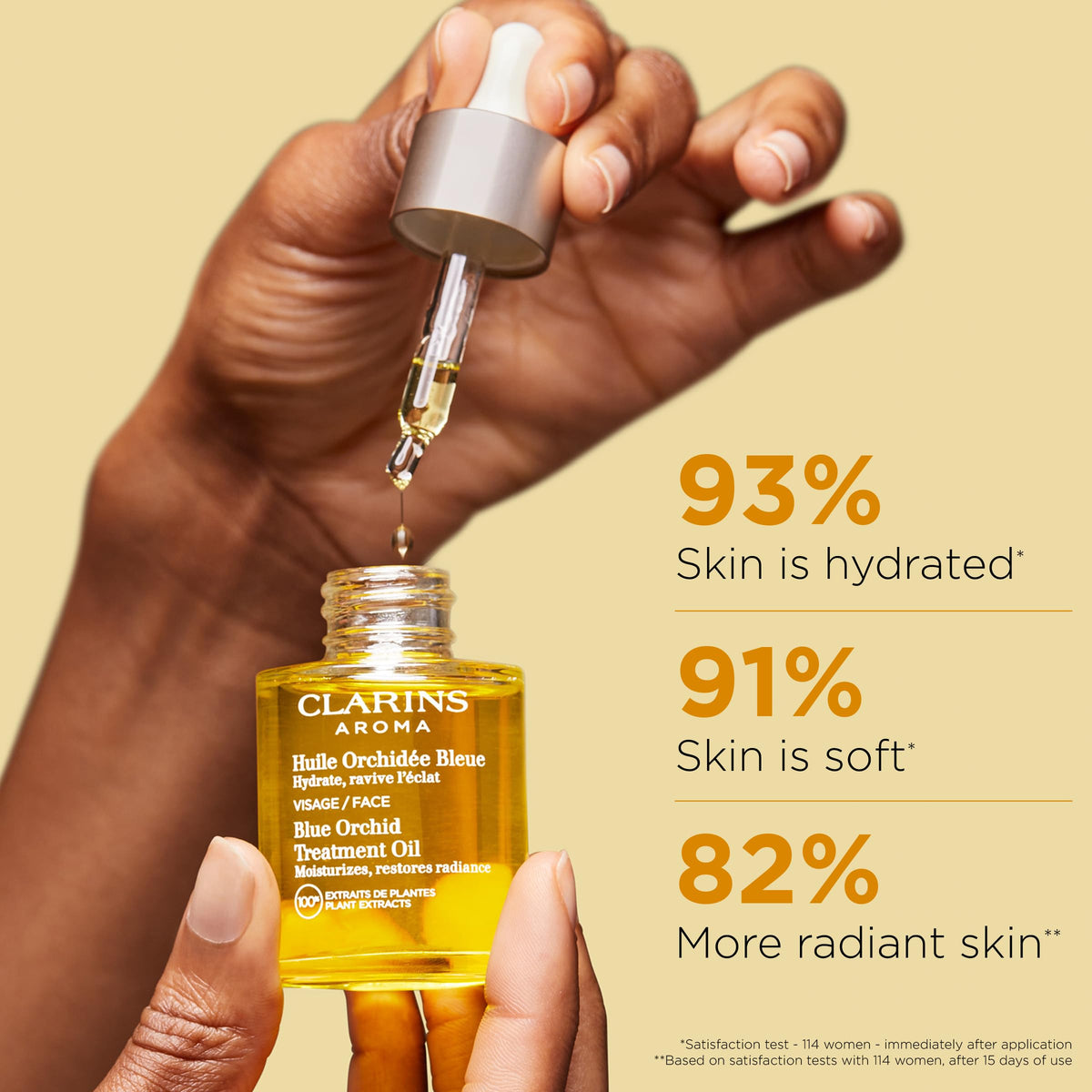 CLARINS close-up of oil dropper highlighting silky, fast-absorbing texture benefit