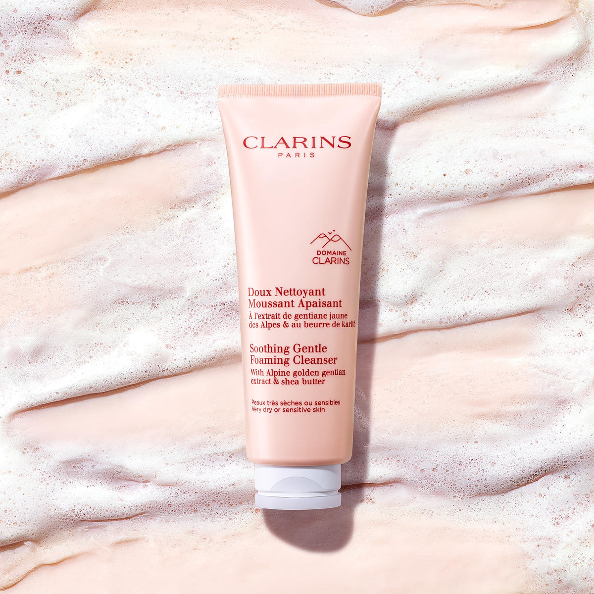 Clarins label detail highlighting ingredients and soap-free reassurance
