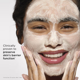 Clarins cleanser dispensed in hand illustrating easy application