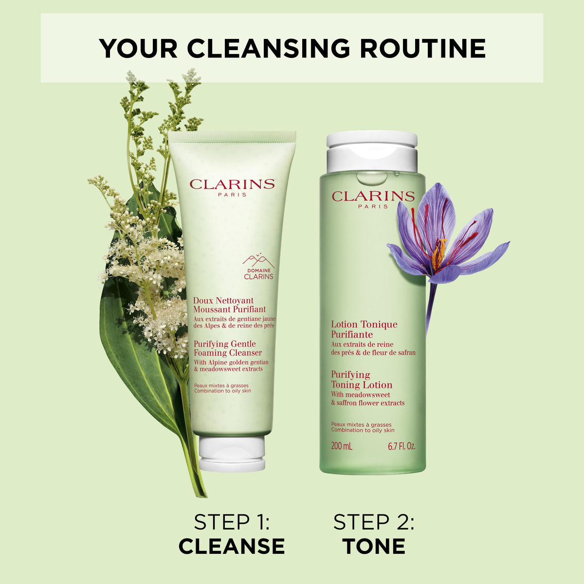 Clarins cleanser staged with morning skincare to show routine compatibility