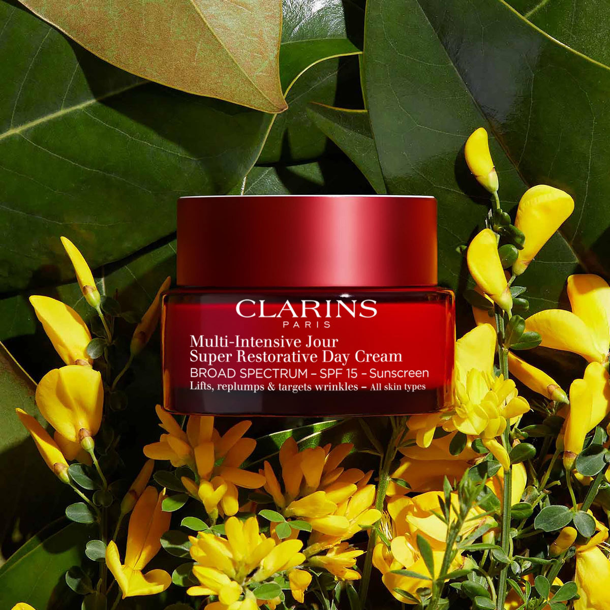 Clarins jar next to coin showing size and usage amount benefit