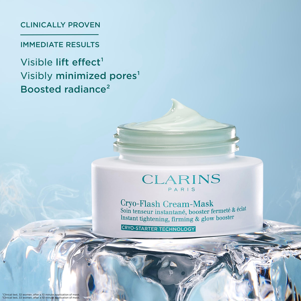 CLARINS tube with cap open revealing nozzle for easy, controlled dispensing