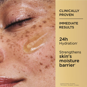 Clarins DOUBLE SERUM applied to neck and décolleté for firmer-looking skin