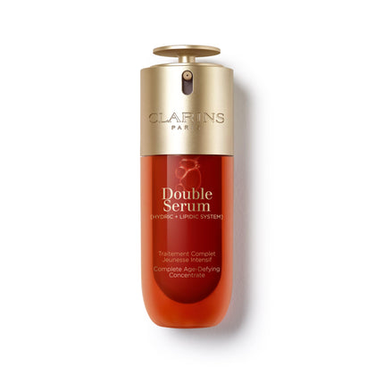 Clarins DOUBLE SERUM front bottle showing sleek design and brand benefit