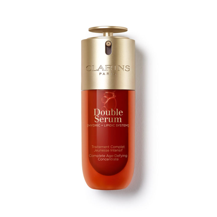Clarins DOUBLE SERUM front bottle showing sleek design and brand benefit