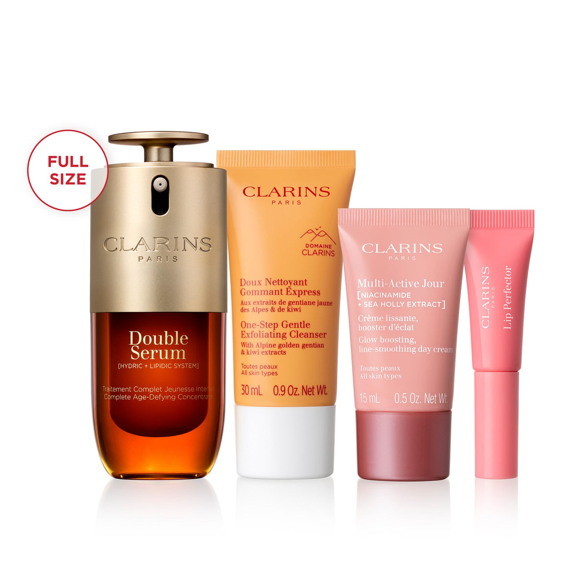 clarins double serum full-size pump highlighting concentrated formula