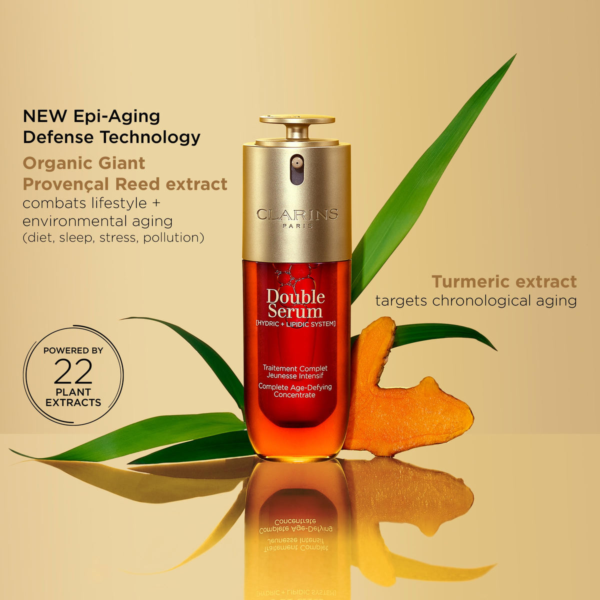 Clarins DOUBLE SERUM ingredients visual highlighting botanical-derived benefits