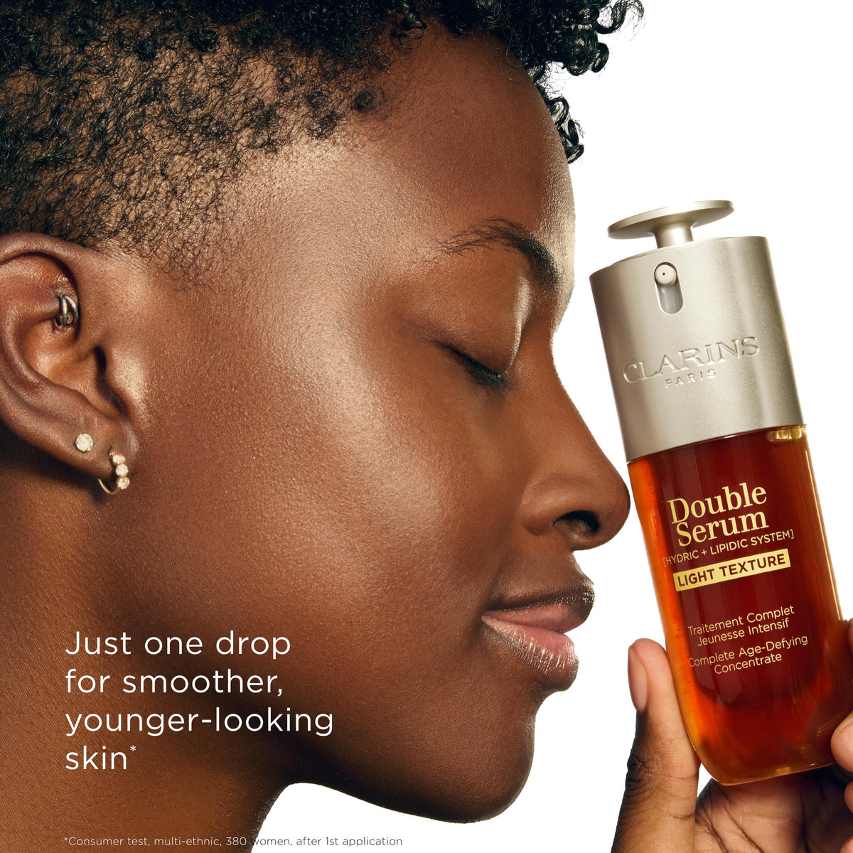 Clarins Double Serum Light on bathroom counter within skincare routine for everyday use