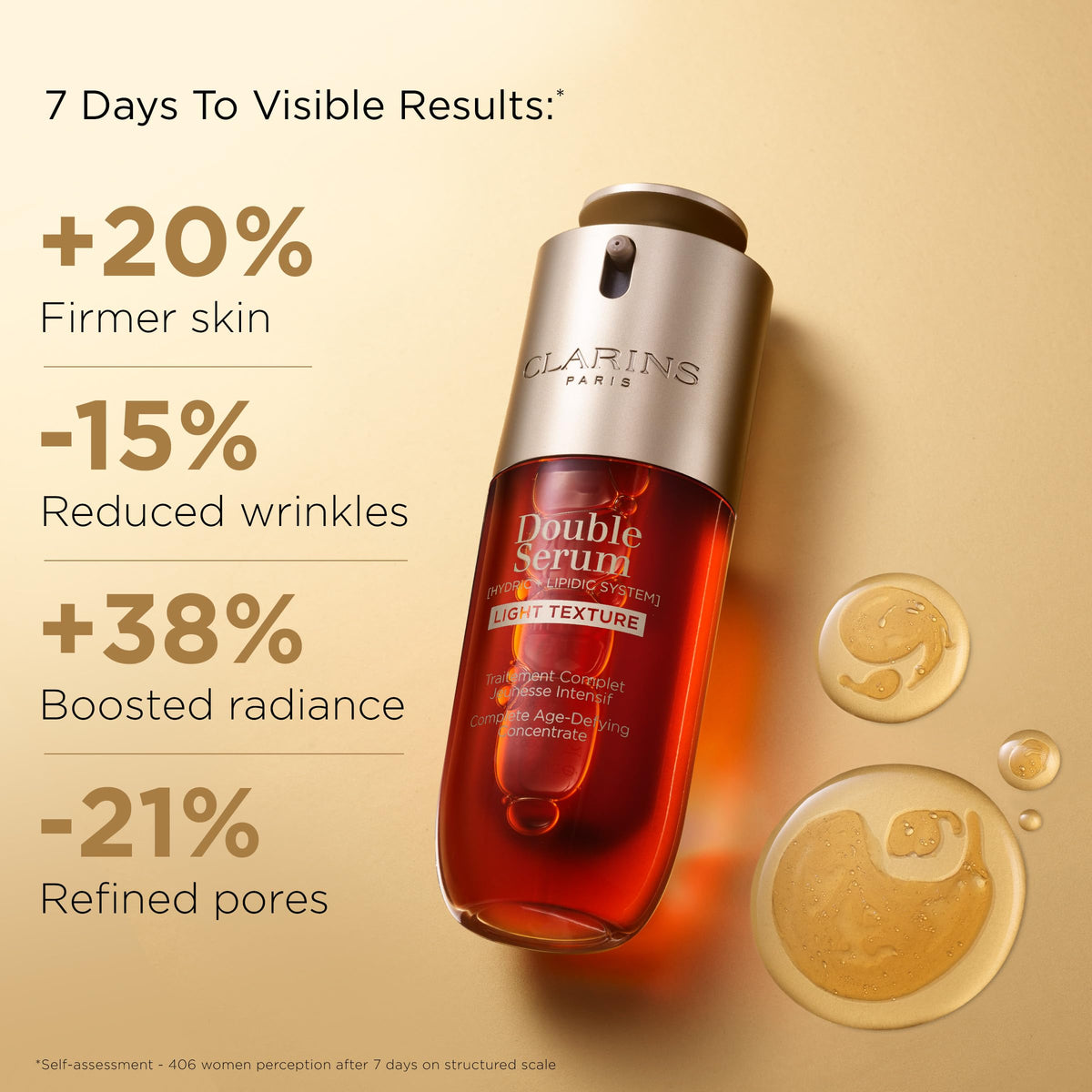 Clarins Double Serum Light pump dispensing dual-phase drops for measured application