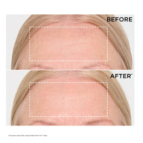 Clarins DOUBLE SERUM mixed drops in palm demonstrating dual-phase benefits