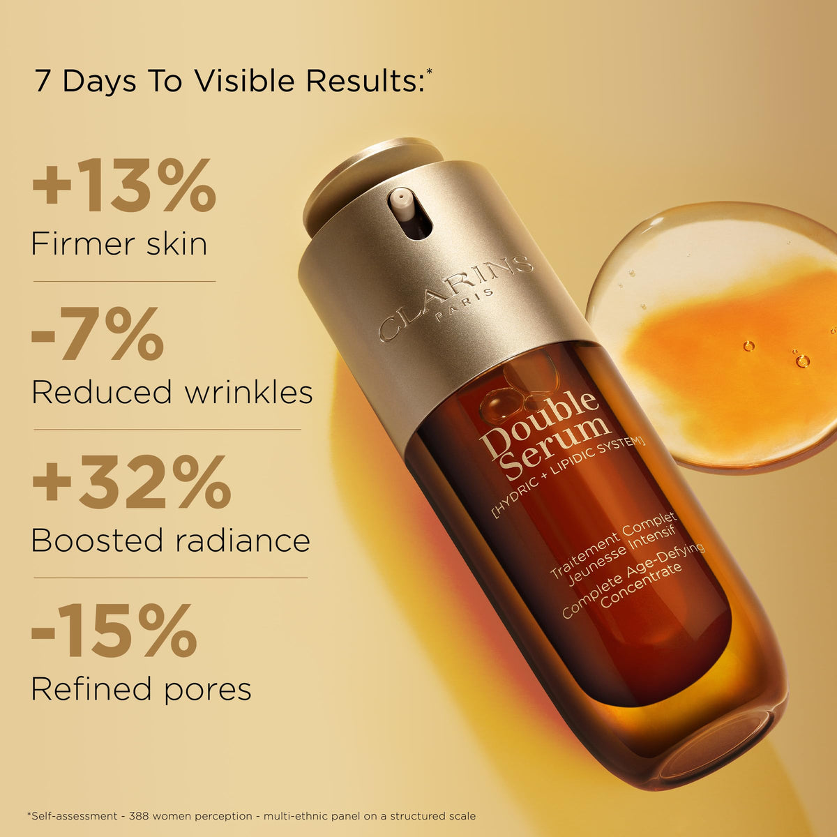 Clarins DOUBLE SERUM pump dispensing two-phase formula for precise dosing