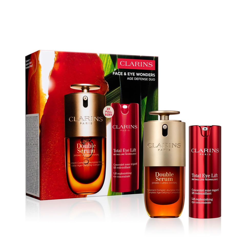 CLARINS front packaging of Double Serum and Total Eye Lift showing set benefits