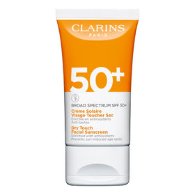 Clarins front tube showing SPF 50+ protection and compact size benefit