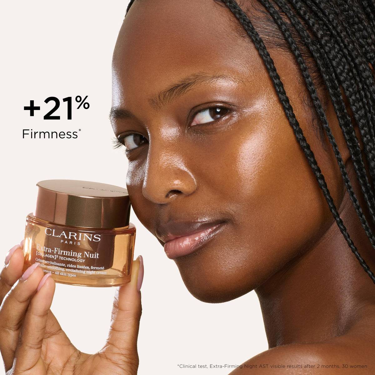 Clarins night cream spread on hand to show moisturizing finish and quick absorption benefit