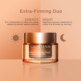 Clarins product on bedside table in bedroom setting showing nightly skincare routine benefit
