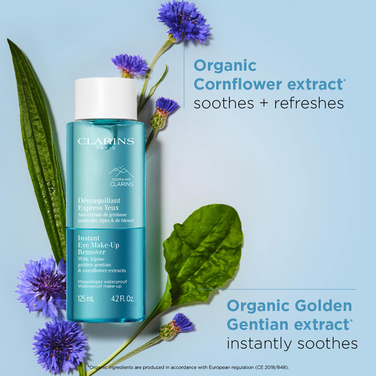Clarins bottle open with cotton pad ready for use, shows easy application