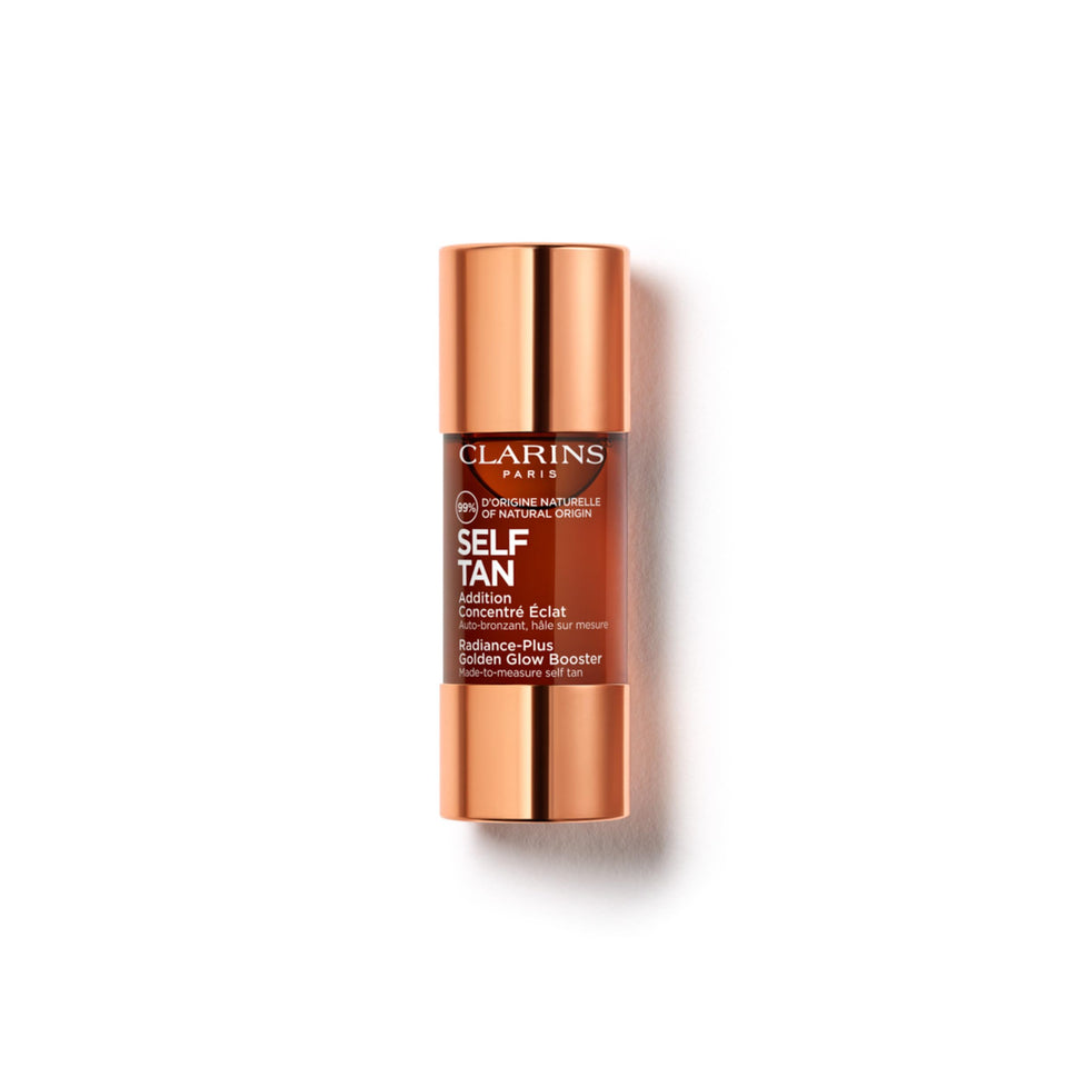 CLARINS front packaging showing compact self-tanning booster and brand clarity