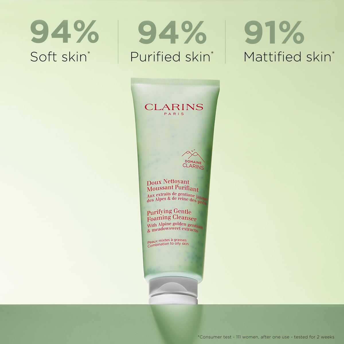 Clarins foamy lather on palm showcasing quick cleansing action