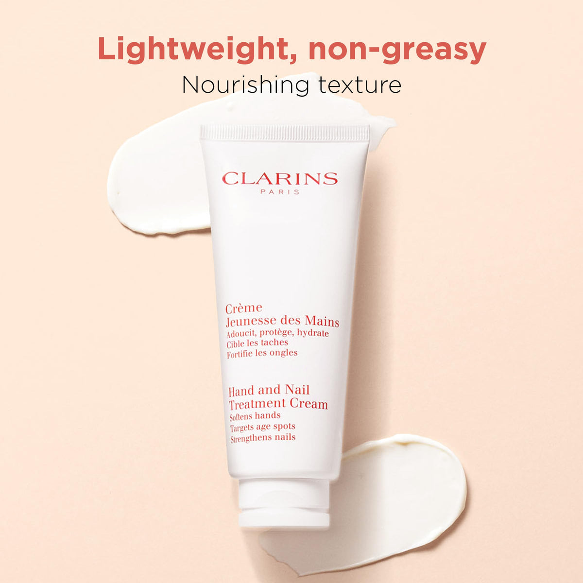 CLARINS tube beside ruler for scale, indicates 3.4 oz travel-friendly size