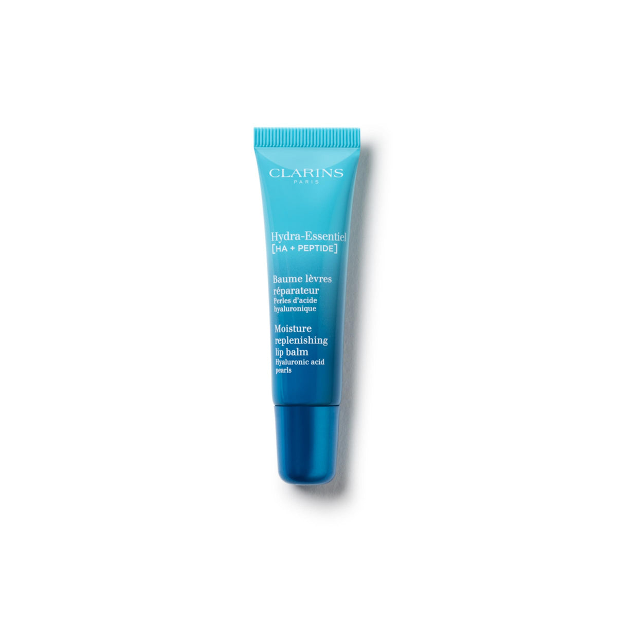 Clarins front packaging of Hydra‑Essentiel balm showing brand and compact tube, travel friendly