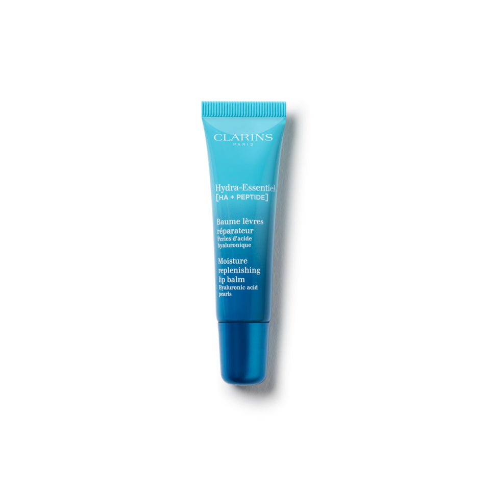 Clarins front packaging of Hydra‑Essentiel balm showing brand and compact tube, travel friendly