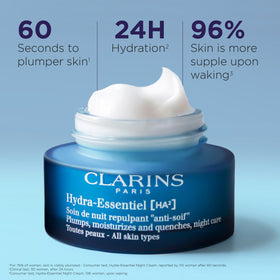 Clarins Hydra‑Essentiel open cream texture highlighting rich absorbent feel