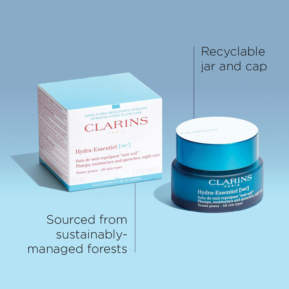 Clarins Hydra‑Essentiel size comparison 1.7 oz showing travel‑friendly benefit