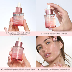 Clarins macro of Vitamin C and glycolic AHA ingredients highlighting targeted radiance