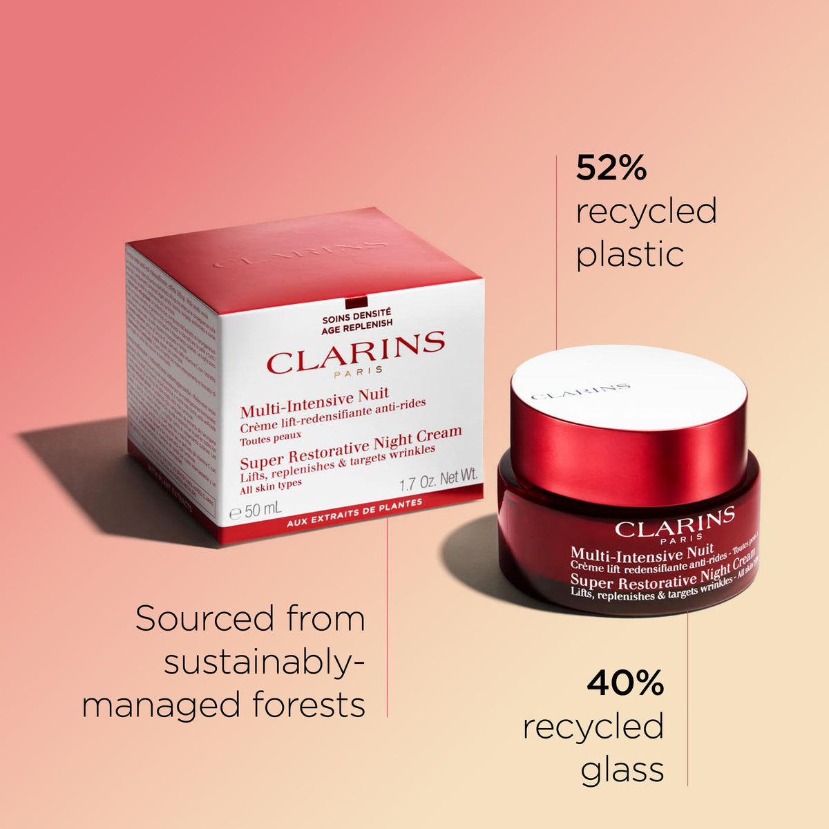 Clarins product styled on bathroom vanity benefit: conveys luxury evening skincare routine