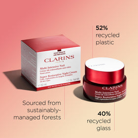 Clarins product styled on bathroom vanity benefit: conveys luxury evening skincare routine