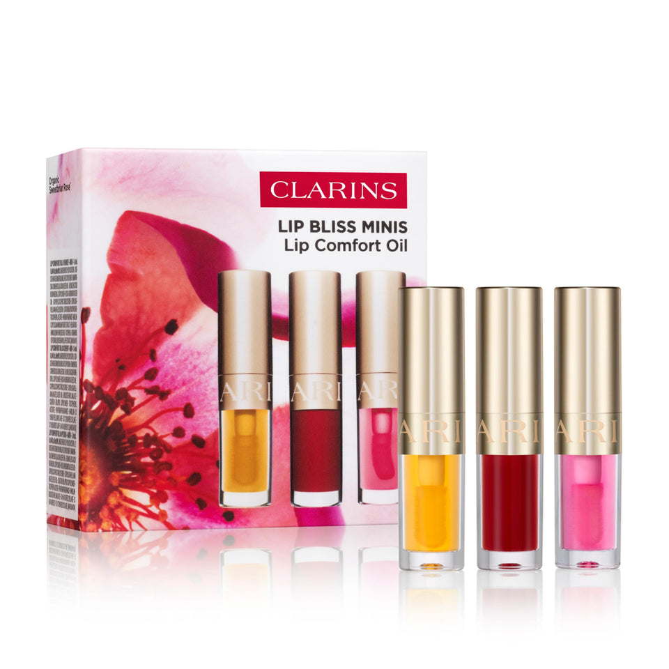 CLARINS front box of the mini lip oil set showing packaging and convenience