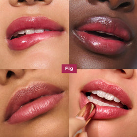 Clarins lip oil balm swatch on skin demonstrating sheer fig color and luminous shine benefit